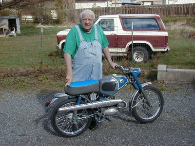 Whitey Hartman and his Yamaguchi 55cc motorcycle